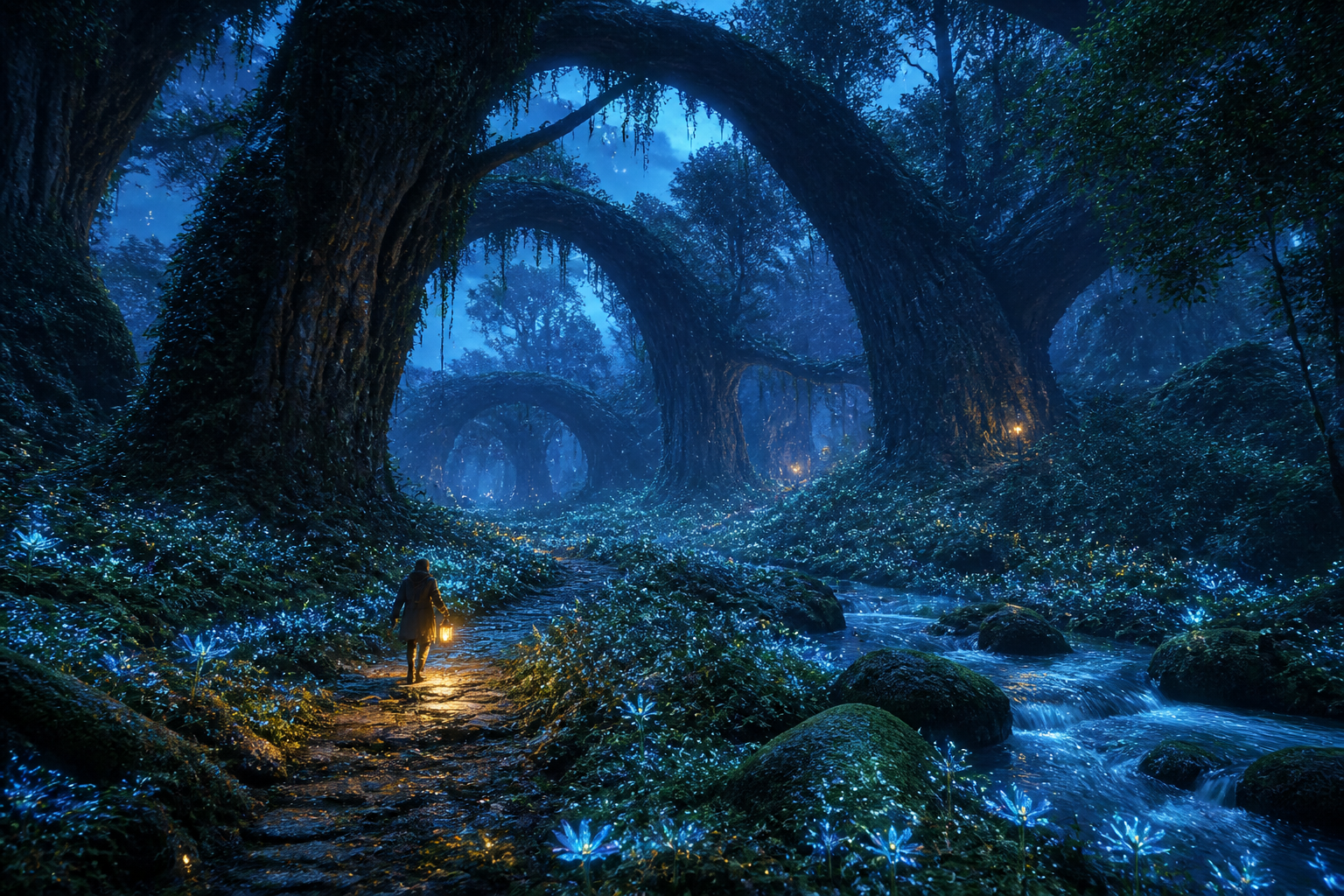 An enormous ancient forest at twilight where gigantic trees form natural cathedral-like arches overhead. Thousands of tiny bioluminescent flowers illuminate the forest floor, a crystal stream winds between moss-covered rocks, delicate glowing particles float through the air, and a lone traveler carrying a lantern walks along a stone path. Blue evening atmosphere contrasted with warm lantern light, cinematic fantasy photography, rich natural textures, deep atmospheric perspective.
