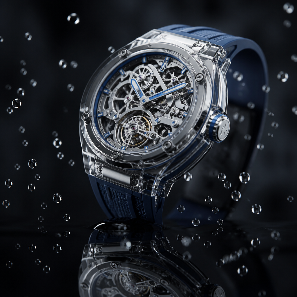 Create a premium advertising photograph of a futuristic luxury mechanical wristwatch floating above a perfectly polished black surface. The watch has a precision-machined titanium case, sapphire crystal, intricate mechanical movement visible through transparent sections, and subtle water droplets suspended around it. Controlled studio lighting creates elegant highlights across the metal and glass. Minimal dark background, sophisticated luxury-brand composition, extremely realistic materials and reflections.