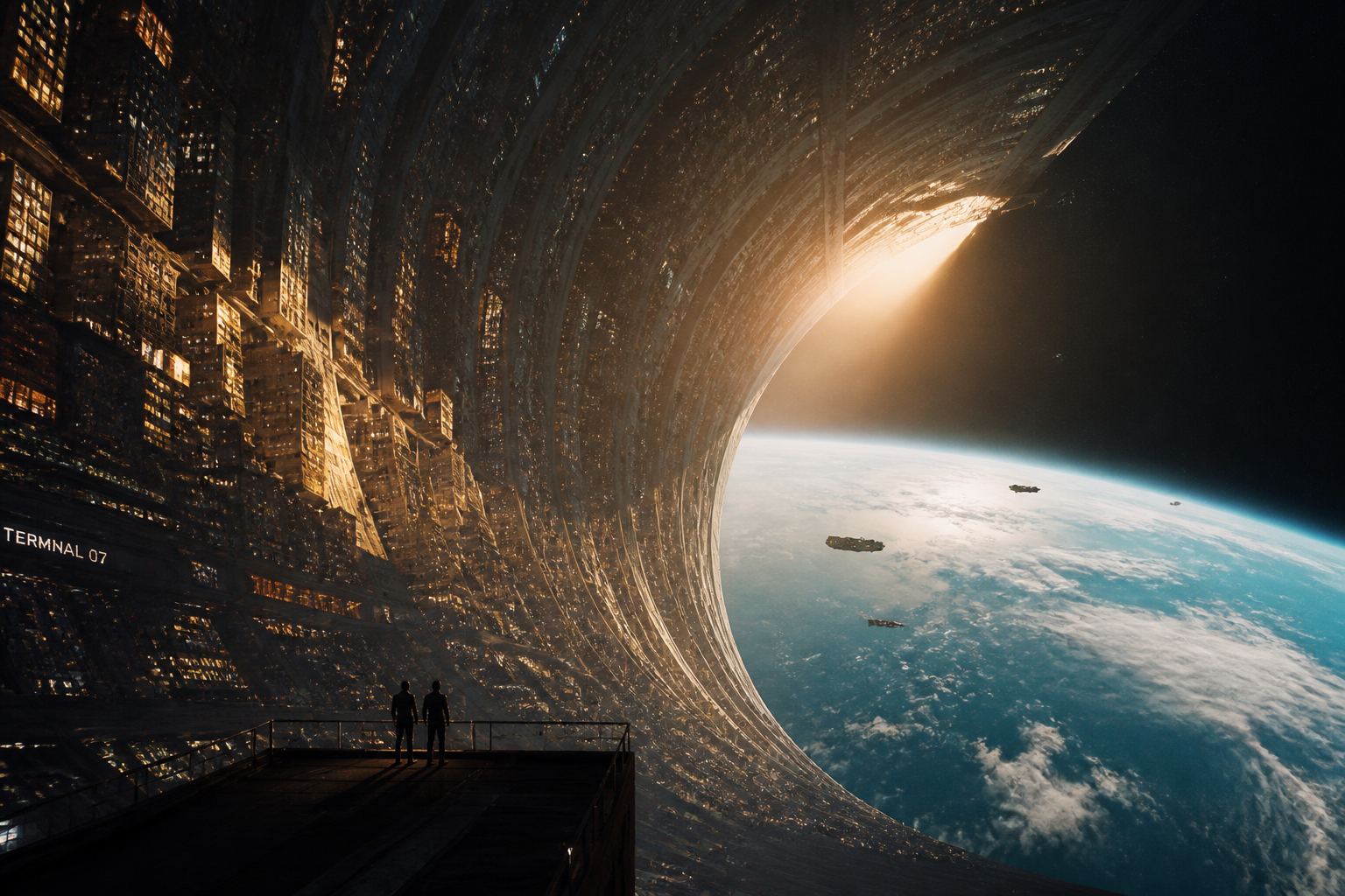 A colossal futuristic city built vertically along the inner surface of a gigantic orbital ring surrounding a blue planet. Thousands of illuminated buildings curve naturally into the distance, spacecraft travel through the enormous central opening, clouds and oceans of the planet visible far below. A tiny observation platform with two people stands in the foreground for scale. Warm sunlight enters from one side while the opposite side remains in deep shadow. Cinematic science-fiction photography, extraordinary architectural detail, realistic materials, atmospheric depth, dramatic lighting, awe-inspiring scale.