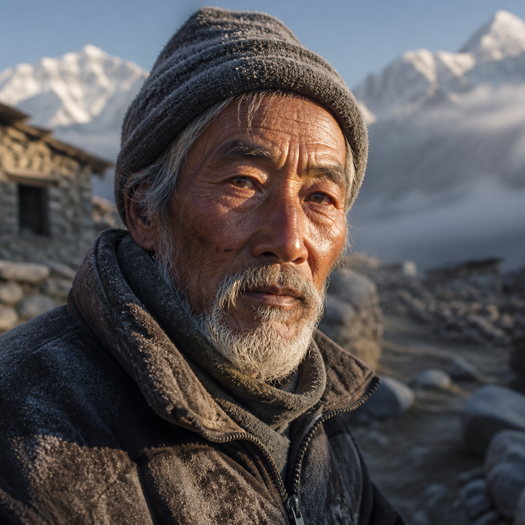 A close-up documentary photograph of an elderly Himalayan mountain guide standing outside a remote stone village at sunrise. Weathered face, expressive eyes, naturally textured skin, gray beard, wool clothing with visible fibers, subtle frost on his jacket, distant snow-covered mountains disappearing into morning mist. Soft golden sunlight illuminates one side of his face. Authentic photography, natural imperfections, realistic skin and hair, shallow depth of field, 85mm portrait lens.